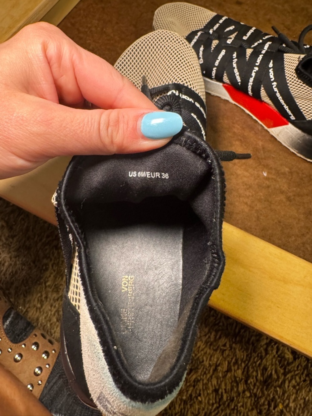 Diane Von Furstenberg Beige and Black Mesh Athletic Sneaker with Red Accent - Picture 9 of 9